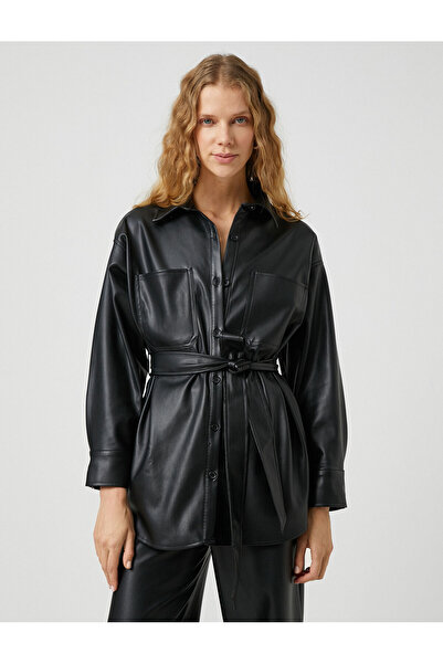 Koton Cămașă din piele artificială - Jachetă cu curea, buzunare și nasturi