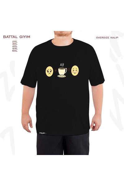 ZOKAWEAR Oversize Coffee Emoji Coffee Lovers Printed Battal (Bol) Mold Μαύρο T-shirt