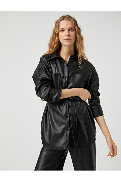 Koton Cămașă din piele artificială - Jachetă cu curea, buzunare și nasturi
