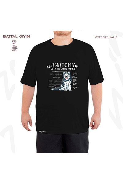 ZOKAWEAR Oversize Siberian Husky Anatomy Dog Printed Oversize (Bol) Mold Μαύρο T-shirt