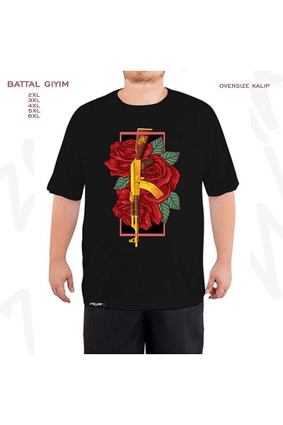 ZOKAWEAR Oversize Rose and Gun Printed Oversize Black T-Shirt