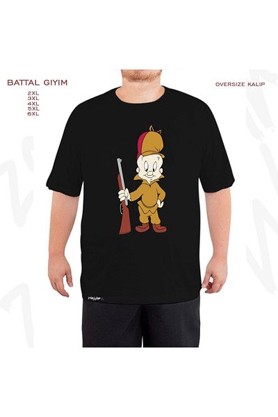 ZOKAWEAR Oversize Elmer Fudd Printed Battal (Bol) Mold Μαύρο T-Shirt