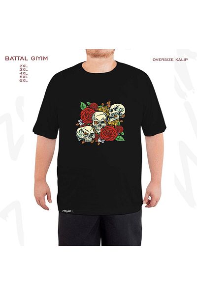 ZOKAWEAR Oversize Skull Rose Plant Printed Oversize (Bol) Fit Black T-Shirt
