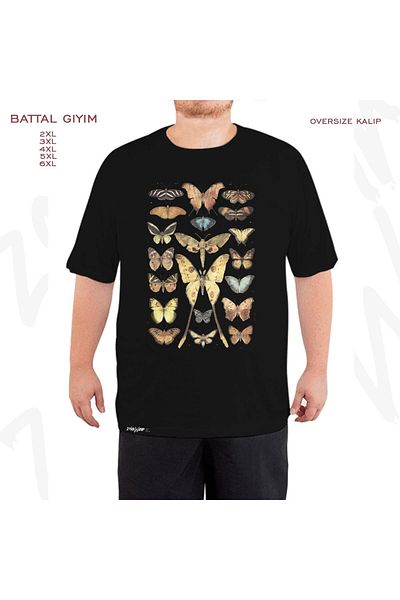 ZOKAWEAR Oversize Butterflies And Moths Printed Battal (Bol) Mold Μαύρο T-Shirt