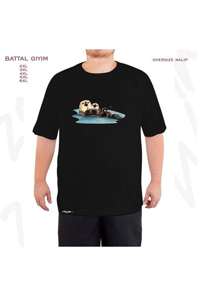ZOKAWEAR Oversize Sea Otter with Pup Printed Loose Fit Black T-Shirt