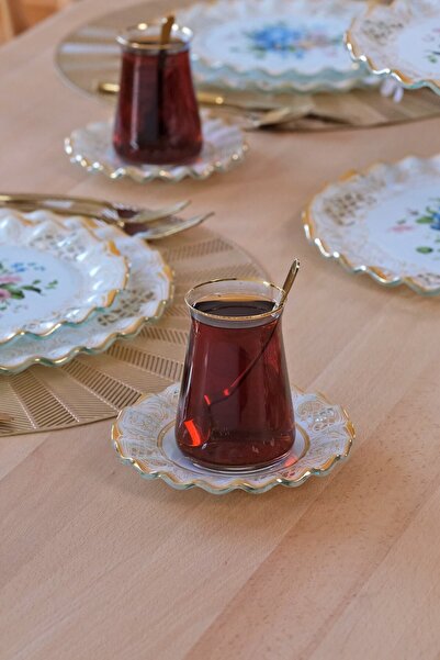Glore Tiete Altın Yaldızlı 6 Kişilik Cam Çay Tabağı Takımı