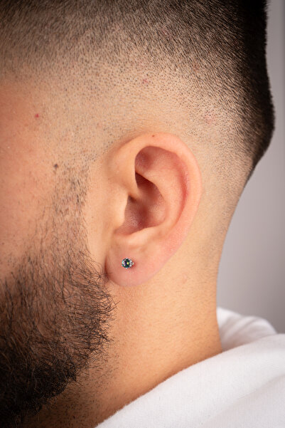 Piercing Market Steel & Silver Erkek Çelik Mistik Topaz Taşlı Paslanmaz Kararmaz Özel Tasarım Moda Küpe