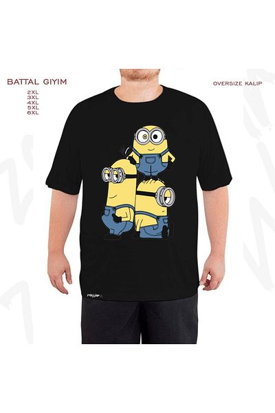 ZOKAWEAR Oversize Minions Printed Battal (Bol) Mold Μαύρο T-Shirt
