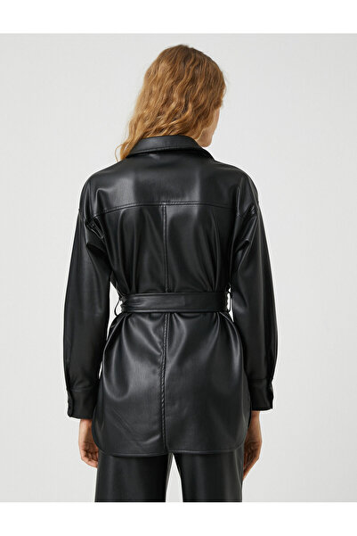 Koton Cămașă din piele artificială - Jachetă cu curea, buzunare și nasturi