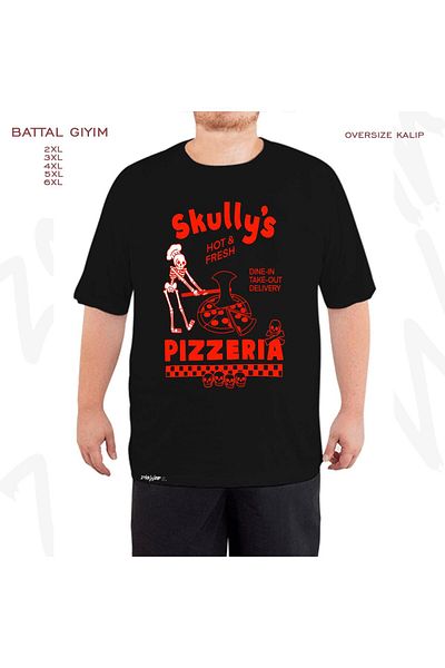ZOKAWEAR Oversize Skully's Pizzeria Printed Battal (Bol) Mold Μαύρο T-Shirt