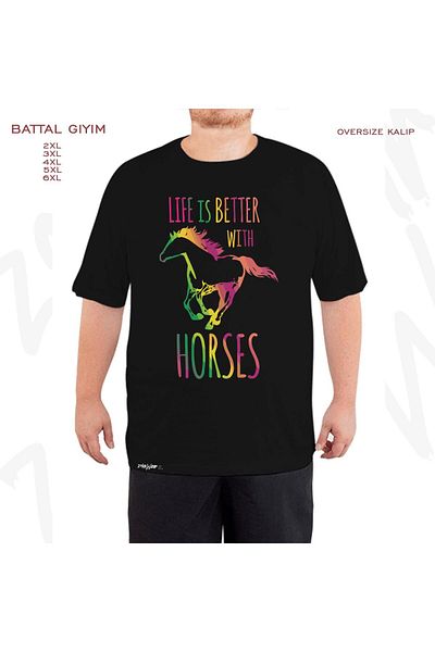 ZOKAWEAR Oversize Equestrian Riding Printed Oversize (Bol) Fit Black T-Shirt