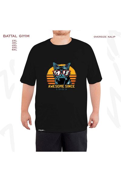ZOKAWEAR 1989 Cat Printed - Oversize Μαύρο T-Shirt με γυαλιά