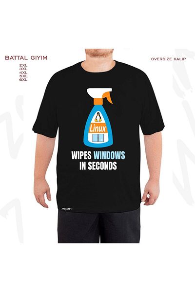 ZOKAWEAR Υπερμεγέθη Linux Windows Cleaner Printed Battal (Bol) Mold Μαύρο T-Shirt