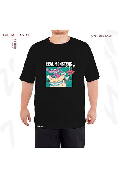 ZOKAWEAR Υπερμεγέθη Ααχχ!!! Μαύρο μπλουζάκι με στάμπα Real Monsters Battal (Bol) Fit