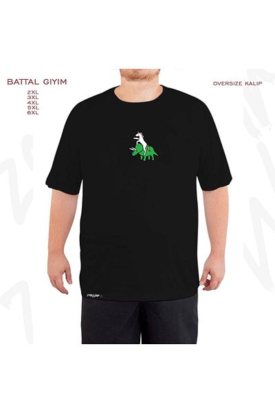 ZOKAWEAR Unicorn Riding Triceratops Printed - Battal Mold Μαύρο T-Shirt