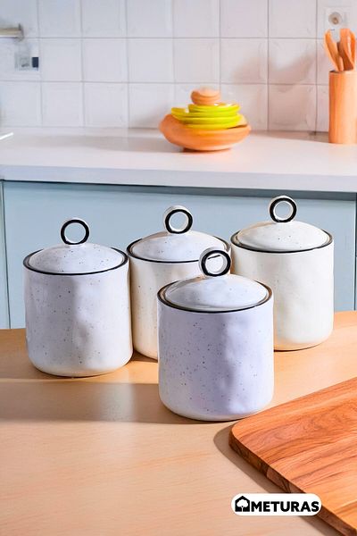 Meturas Modern Lina Line Kitchen Silicone Vacuum Lid Porcelain Spice Rack Set 4 Pieces - 400 ml