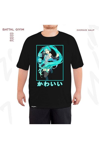 ZOKAWEAR Oversize Hatsune Miku V2 Printed Battal (Bol) Fit Black T-Shirt