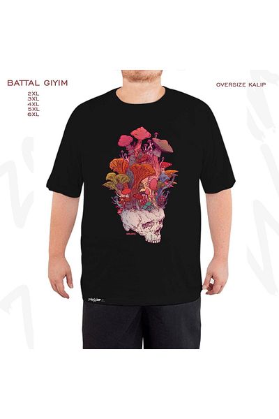 ZOKAWEAR Μαύρο μπλουζάκι Oversize Skull Mushroom Printed Battal (Bol) Mold