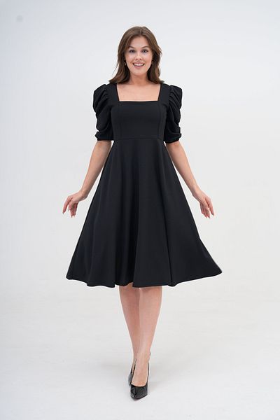 bayansepeti Rochie de seară midi neagră cu guler pătrat - crep elastic, mâneci cu baloane scurte 080