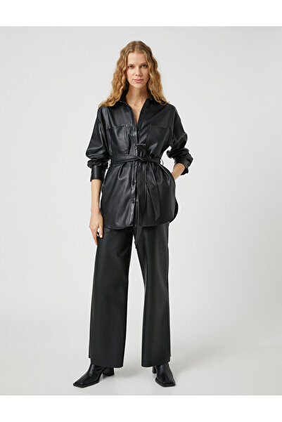 Koton Cămașă din piele artificială - Jachetă cu curea, buzunare și nasturi