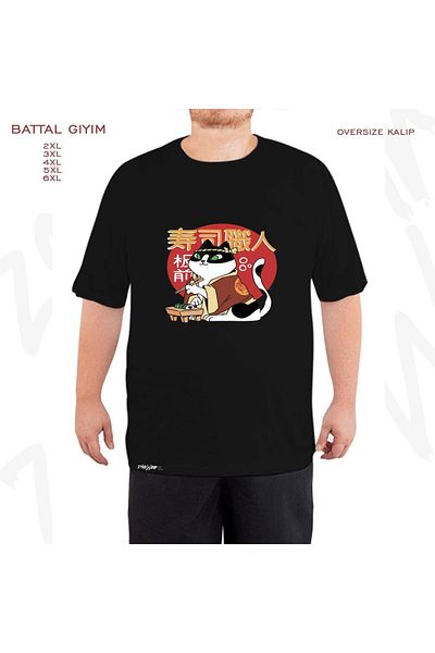ZOKAWEAR Μαύρο μπλουζάκι με στάμπα γιαπωνέζικης γάτας με στάμπα μεγάλου μεγέθους (πολύ)
