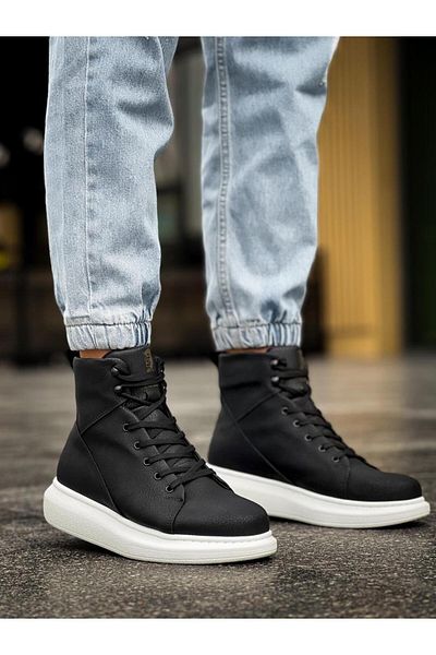 Shine Leather Παπούτσια Knack High Sole B-080 Μαύρο (Λευκή σόλα)