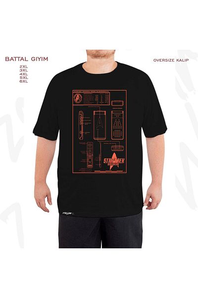 ZOKAWEAR Oversize Discovery Communicator Schematics Printed Battal (Bol) Mold Μαύρο T-Shirt