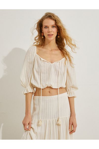 Koton Casual Crop μπλούζα με μπαλόνι μανίκι τετράγωνο λαιμό