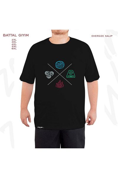 ZOKAWEAR Avatar The Last Airbender Printed Oversize Μαύρο T-Shirt - Four Symbols Battal Mold