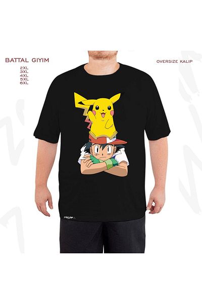 ZOKAWEAR Oversize Ash Pokemon Pikachu Printed Battal (Bol) Mold Μαύρο T-Shirt