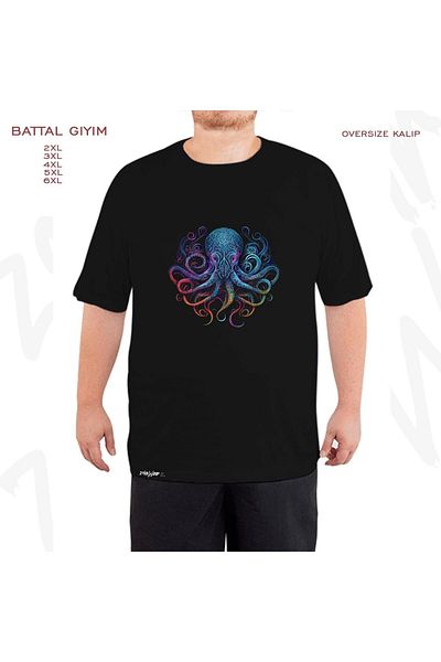 ZOKAWEAR Oversize Octopus Printed Battal (Bol) Mold Μαύρο T-Shirt