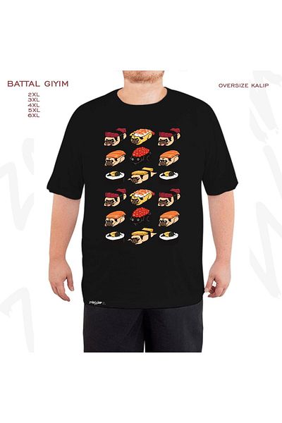 ZOKAWEAR Μαύρο μπλουζάκι με στάμπα Sushi Pug Oversize Battal (Bol) Mold