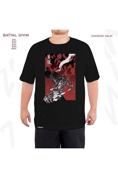 ZOKAWEAR Oversize Wolf With Katana Sekiro Printed Battal (Bol) Mold Μαύρο T-Shirt