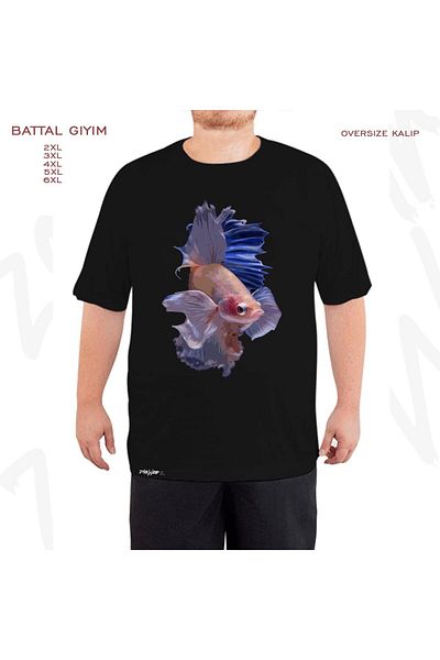 ZOKAWEAR Μαύρο μπλουζάκι Oversize Fish Betta με στάμπα μεγάλου μεγέθους (Bol)