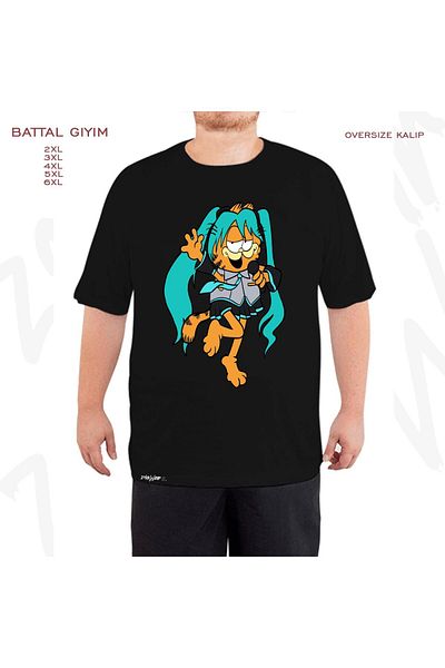 ZOKAWEAR Oversize Garfsune Meowku Printed Battal (Bol) Mold Μαύρο T-Shirt