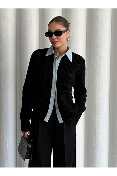 Laluvia Schwarze Jeans-Strickjacke mit Klettverschluss - 231068