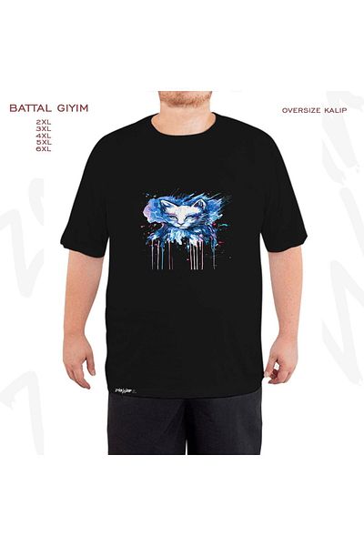 ZOKAWEAR Υπερμεγέθη πολύχρωμο μαύρο μπλουζάκι με στάμπα με κεφάλι γάτας
