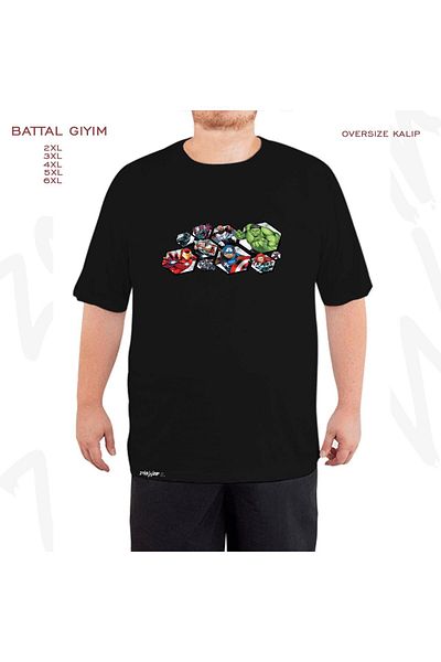 ZOKAWEAR Μαύρο μπλουζάκι Oversize χαρακτήρες Marvel Hulk Captain America με στάμπα μεγάλου μεγέθους (πολύ)