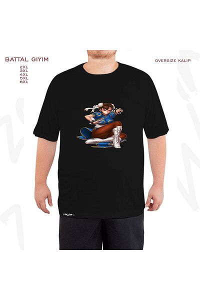 ZOKAWEAR Oversize Chun li Printed Battal (Bol) Mold Μαύρο T-Shirt