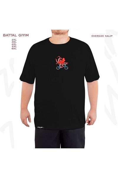 ZOKAWEAR Oversize Cycling Octopus Printed Battal (Bol) Mold Μαύρο T-shirt