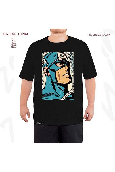ZOKAWEAR Oversize Captain America Printed Battal (Bol) Mold Μαύρο T-Shirt