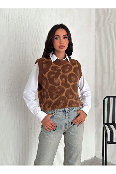 Genel Markalar Leopar Şardonlu Kahve Renkli Süveter