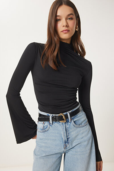 Lovelyİstanbul Πλεκτή αμμώδης μπλούζα - Ισπανικό μανίκι, πλισέ, ΜΑΥΡΟ, LEN0021