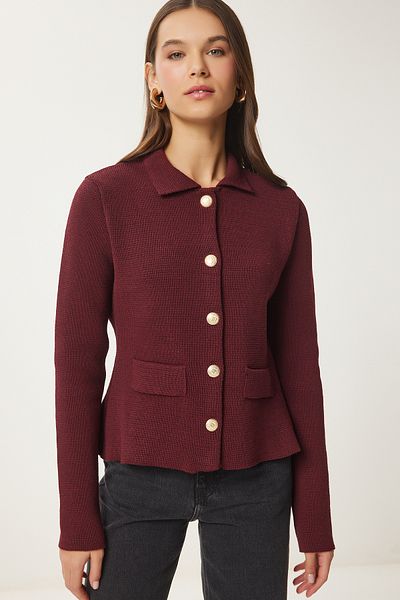 Lovelyİstanbul Claret Red Knitwear Polo Neck Cardigan - Κομψά κουμπιά LUS0051