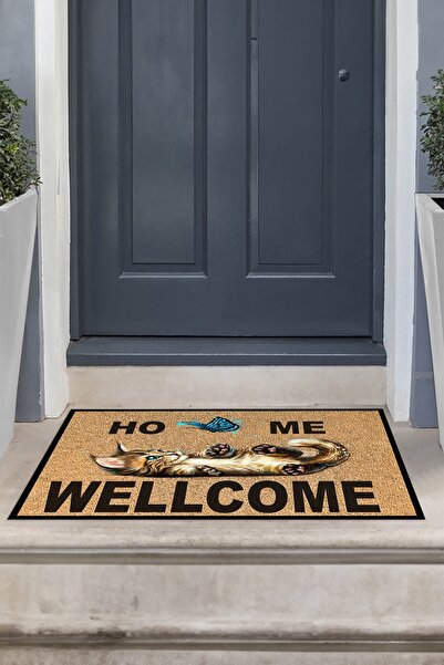 Viyana Home Dijital Baskılı Kaymaz Taban Yıkanabilir Welcome Yazılı Kedi Kapı Önü Paspası (40x60cm)