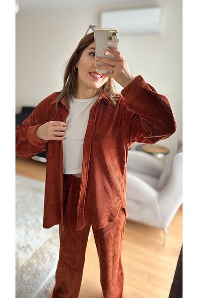 Fidan Women's Velvet Shirt Pants Suit with Elastic Waist (Wide Mold One Size Choose Small)