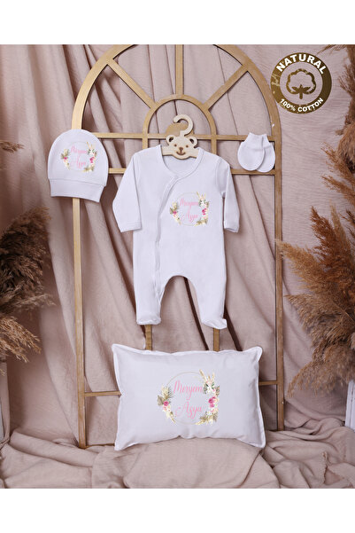 Aftonviol Ty K69 Isimli Kız Bebek Yastık Tulum Şapka Eldiven Set Beyaz Hastan...