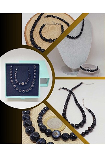 Yasamtohumu مجموعة قلادة وسوار من سلسلة Galaxy Black Agate Stone