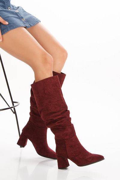 ÜNAL ÖZER Women's Burgundy Suede Pointed Toe Gusseted Thick Heeled Boots Un001-0590