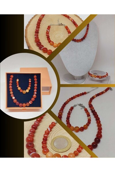 Yasamtohumu Set de colier și brățară din piatră de agat carnelian din seria G...